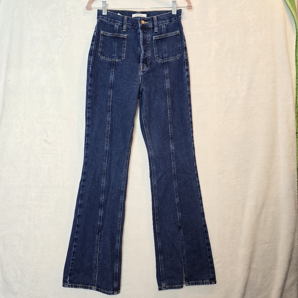 Pacsun Dark Blue Patch Pockets Front Seam Slit High Waisted Bootcut Jeans 26 EUC - Picture 2 of 12